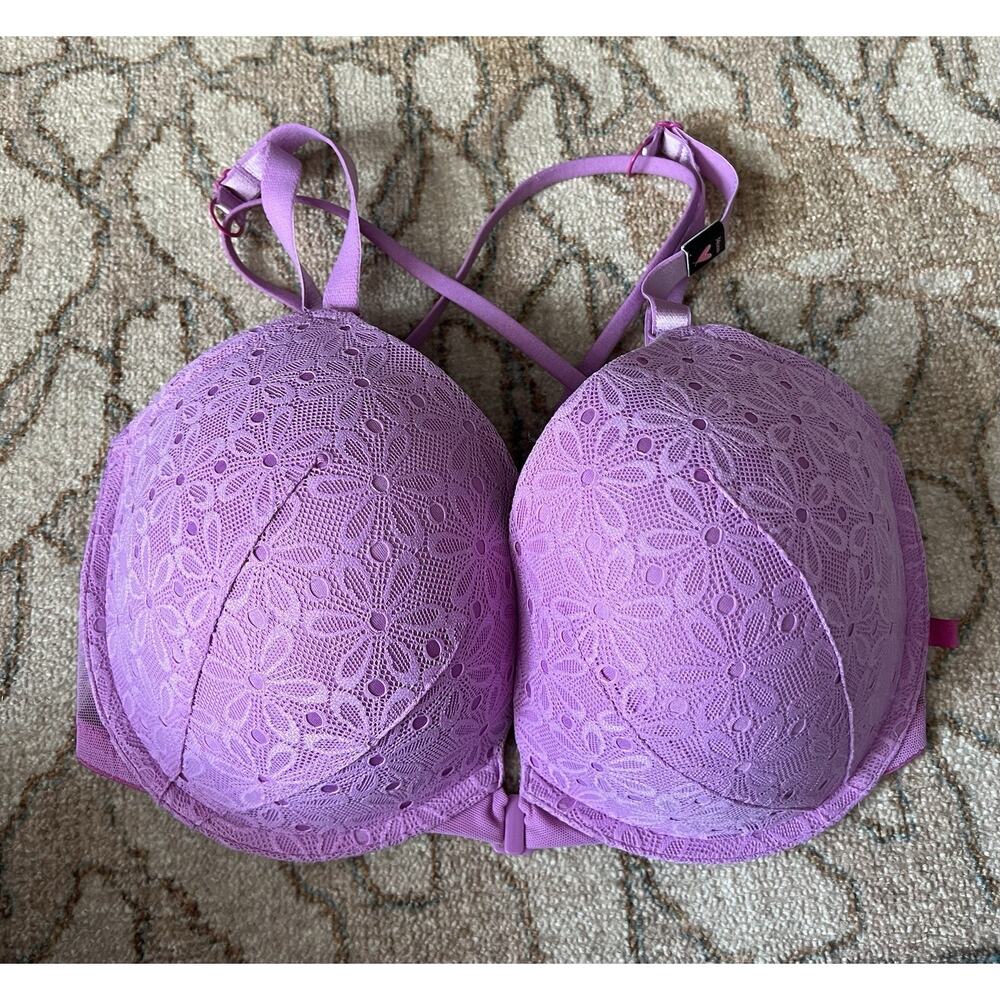 VICTORIA SECRET Purple Floral Lace Underwire Front Clasp Push Up Bra 34DDD NWT